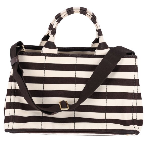 PRADA Canapa Large Canvas Tote Bag Brown White Stripe Shoulder Bag - Picture 11 of 16